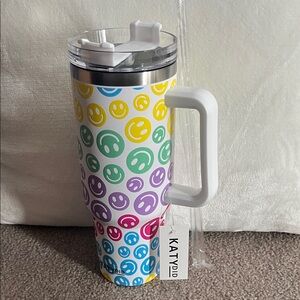 Katydid White Travel Tumbler with Multicolor Smiley Faces